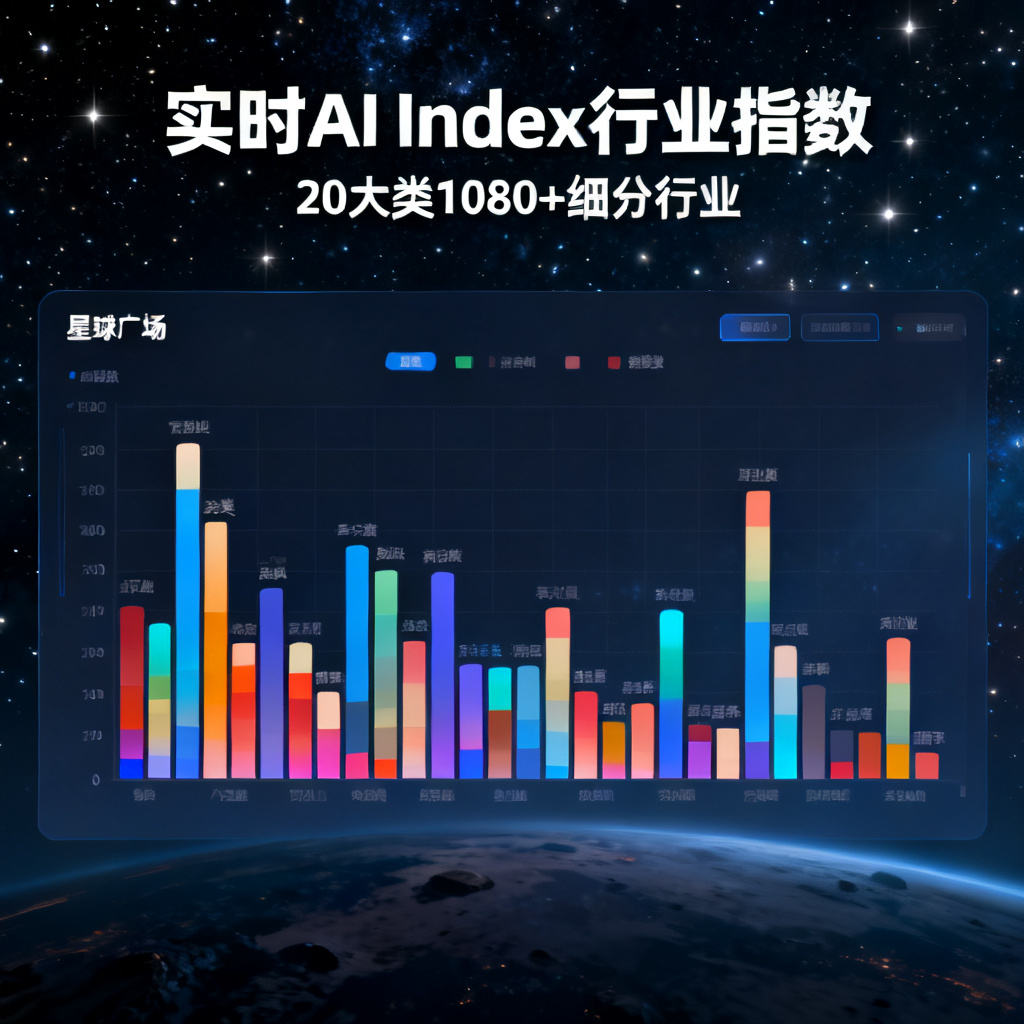 星球广场页面，展示20大类1080+细分行业的实时AI Index行业指数，用热力图或柱状图呈现，背景为星空，风格数据可视化
