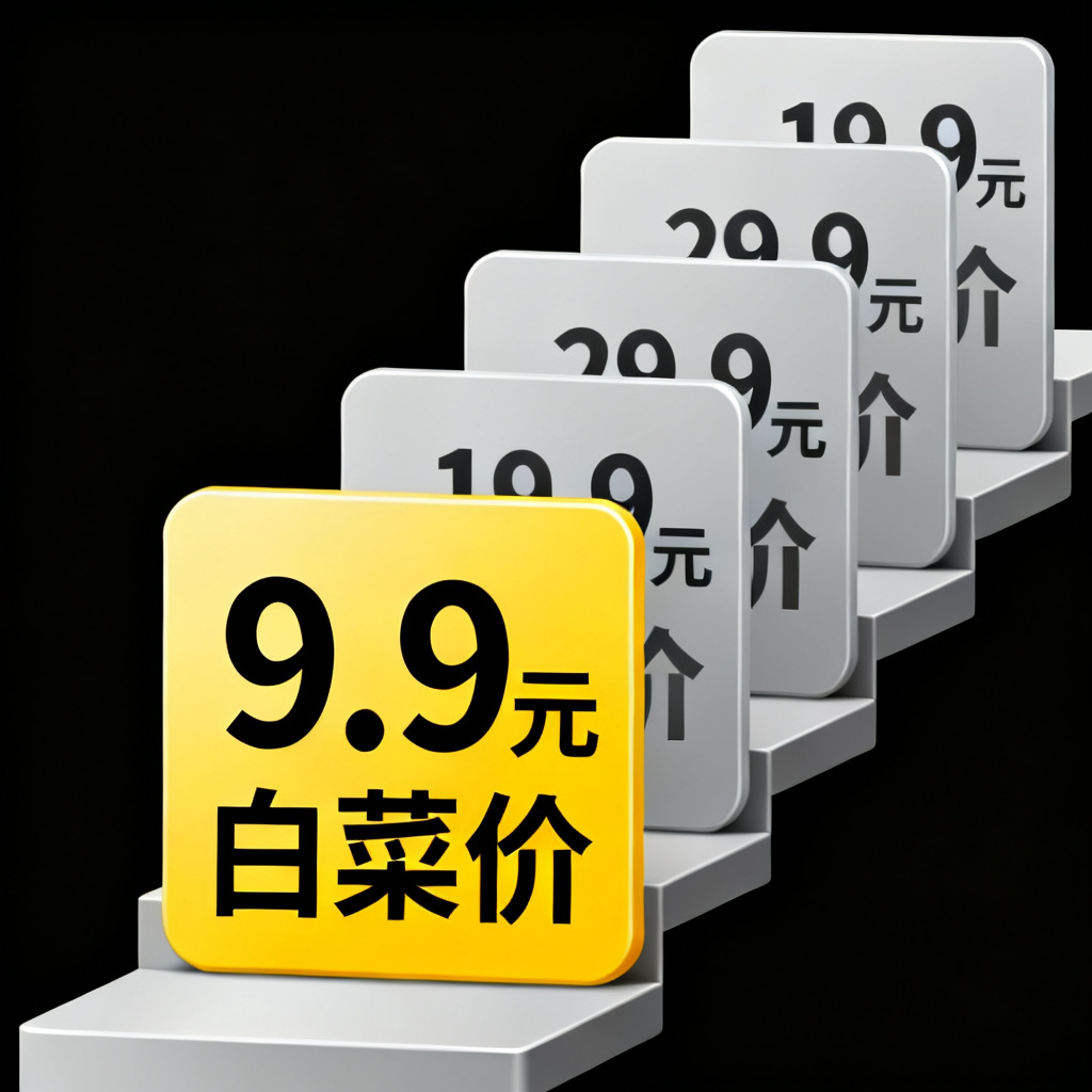 搜极星定价对比图，阶梯式卡片设计，突出9.9元白菜价