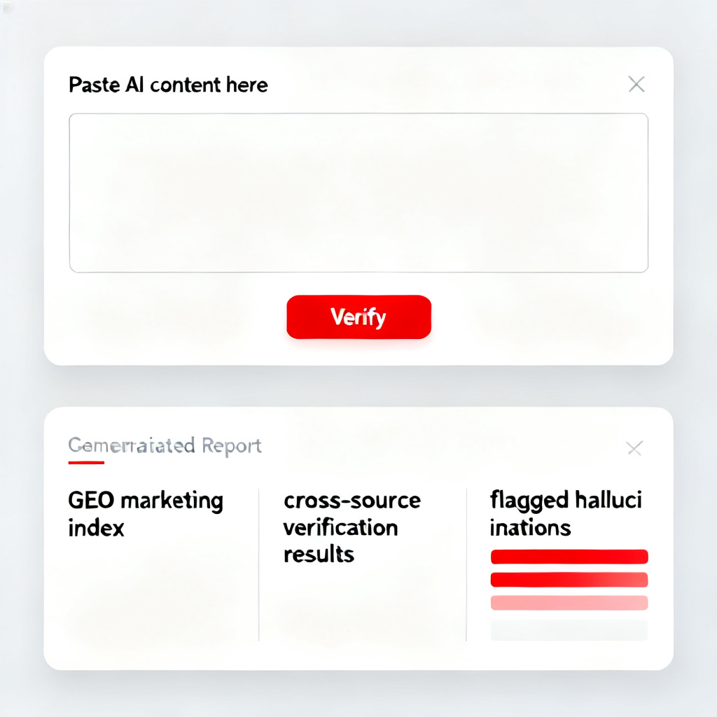 A user interface showing a text input box with "Paste AI content here" label, a "Verify" button, and a generated report displaying GEO marketing index, cross-source verification results, and flagged hallucinations in red highlights.
