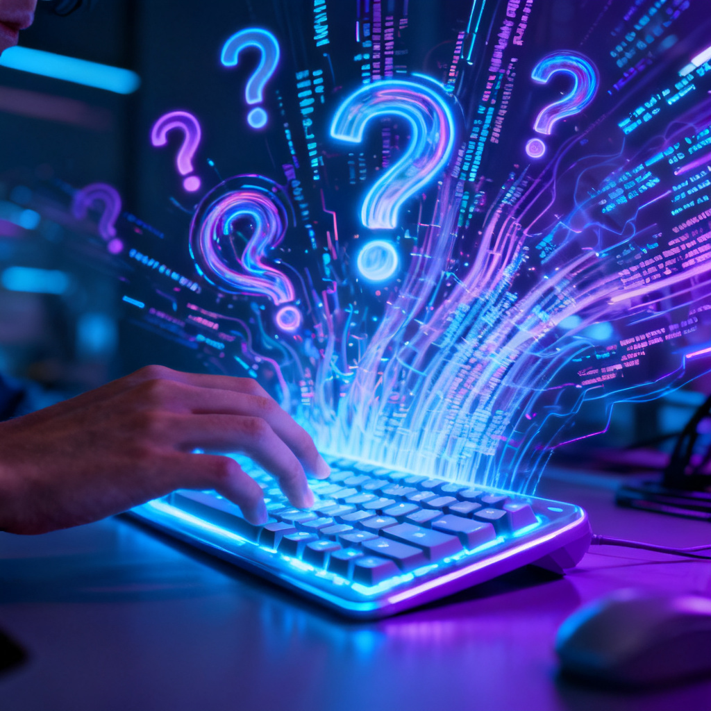A person's hand touching a glowing keyboard, with digital data streams and question marks swirling in the air, representing the chaos of AI-generated content