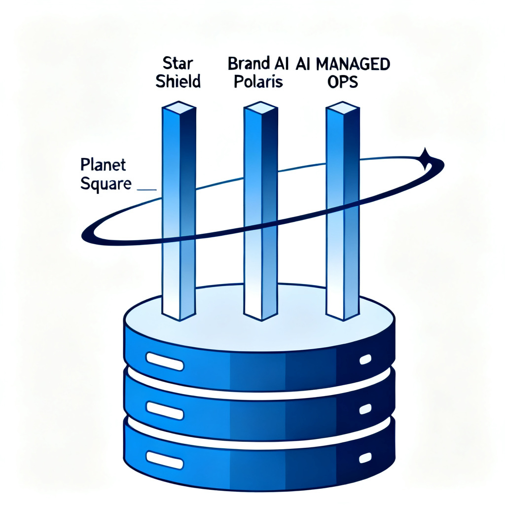 A unified diagram showing 'One Base + Three Apps' of Souxingxing: a large data base at the bottom, with three pillars rising into 'Star Shield', 'Brand AI Polaris', and 'AI MANAGED OPS', surrounded by a 'Planet Square' orbit.