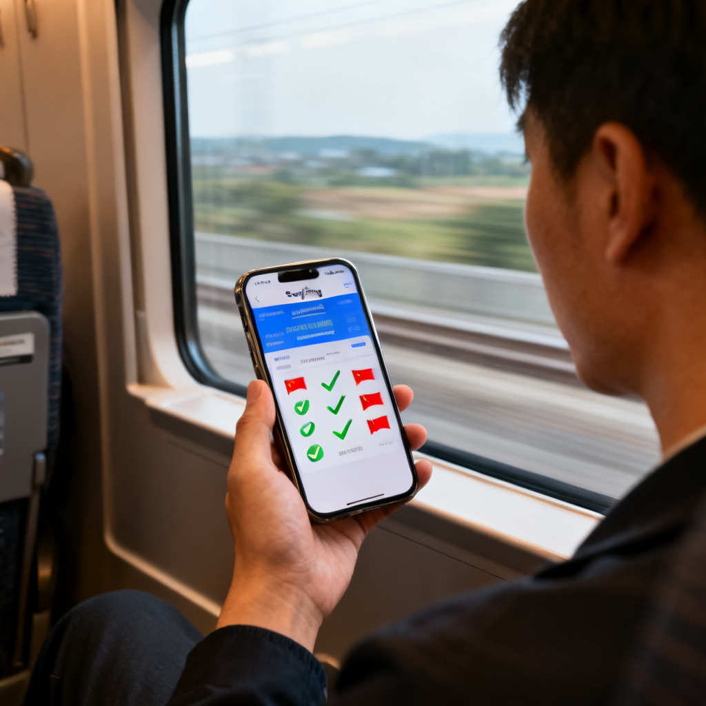A traveler on a high-speed train using a smartphone with Soujixing interface open, showing a verification result with green checkmarks and red flags, with the train window showing blurred landscape outside.