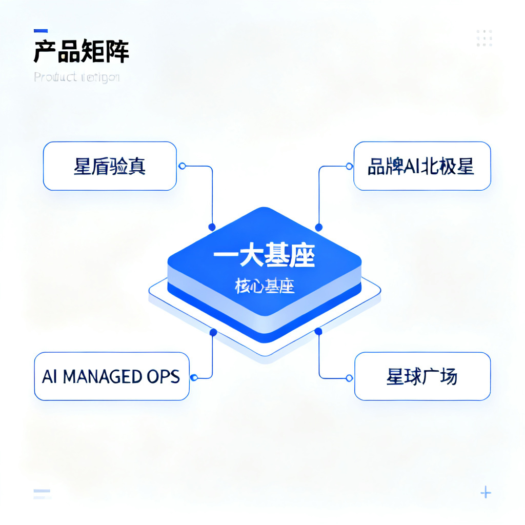 一张展示搜极星产品矩阵的示意图,以“一大基座”为核心,向外延伸出“星盾验真”、“品牌AI北极星”、“AI MANAGED OPS”、“星球广场”四大应用