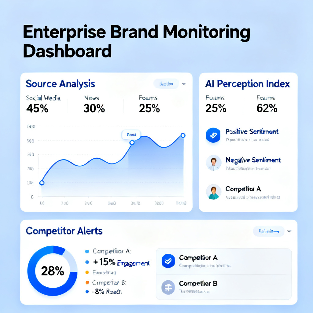 A dashboard showing real-time brand monitoring data with source analysis, AI perception index, and competitor alerts, representing the value of enterprise-level brand monitoring.