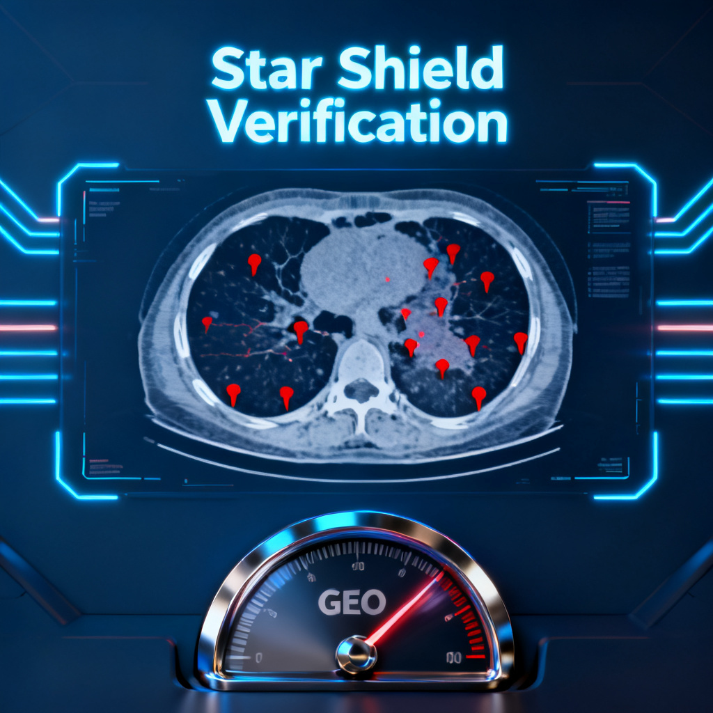 A futuristic 3D interface of "Star Shield Verification" showing a CT scan-like visualization of AI content, with red markers highlighting fake information and a GEO marketing index gauge. Dark blue background with glowing neon lines.