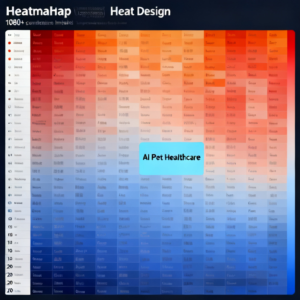 A heatmap of industry AI index showing 20 major categories with 1080+ sub-sectors, using color intensity to represent AI heat and competition intensity, with a highlighted blue ocean area for "AI Pet Healthcare".