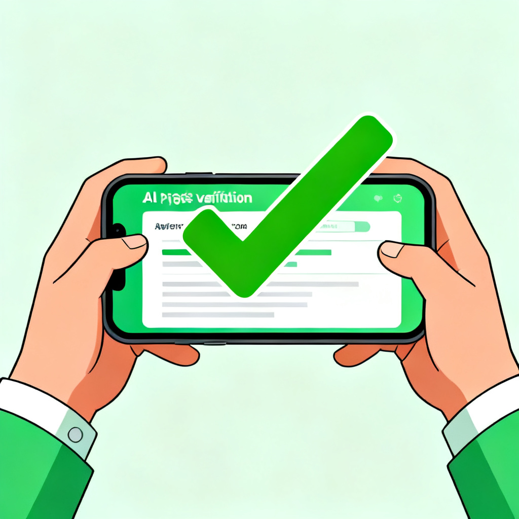 A person using a smartphone app to verify AI-generated content, with a green checkmark overlay.