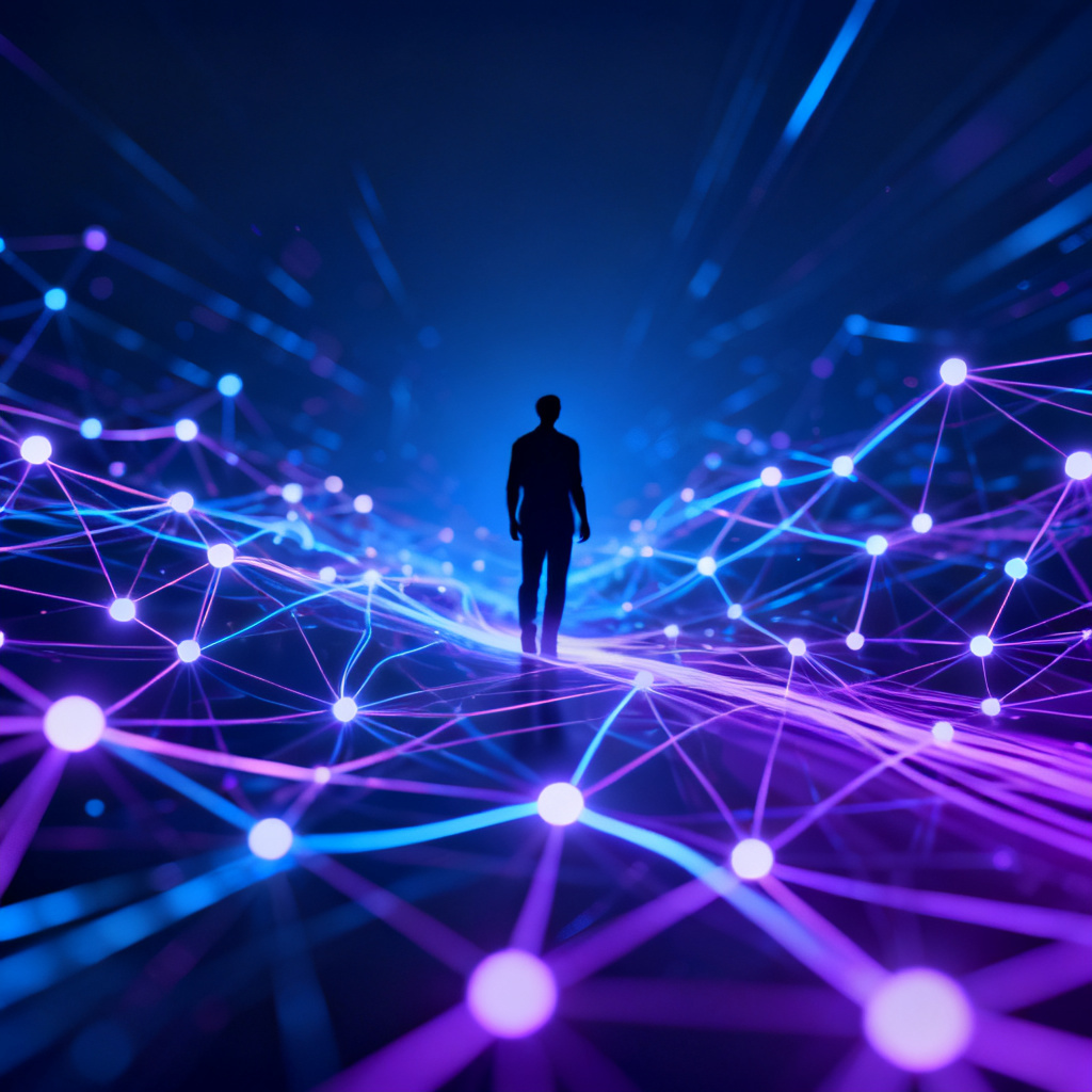 Abstract digital art representing AI brand management, glowing network nodes connected by light trails, human silhouette in the center, deep blue and purple colors, high contrast, sharp focus, 4K