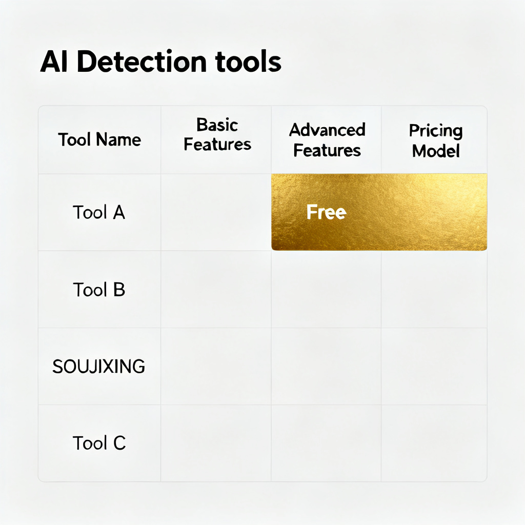 A comparison table of AI detection tools, with the 'SOUJIXING' row highlighted in gold, showing 'Free' for basic features.
