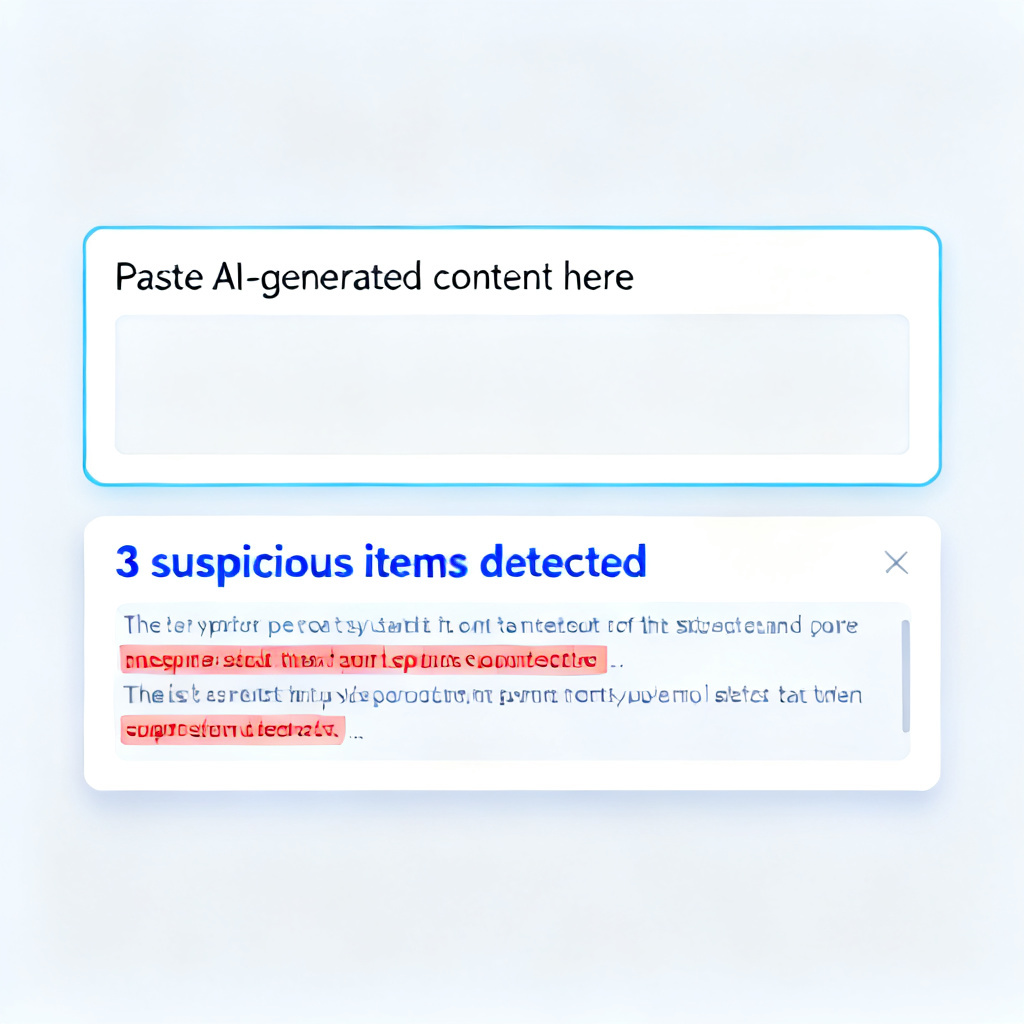 A screenshot of a user interface showing a text verification tool with a "Paste AI-generated content here" input box and a results panel displaying "3 suspicious items detected" with highlighted text fragments, clean modern design with blue and white color scheme.