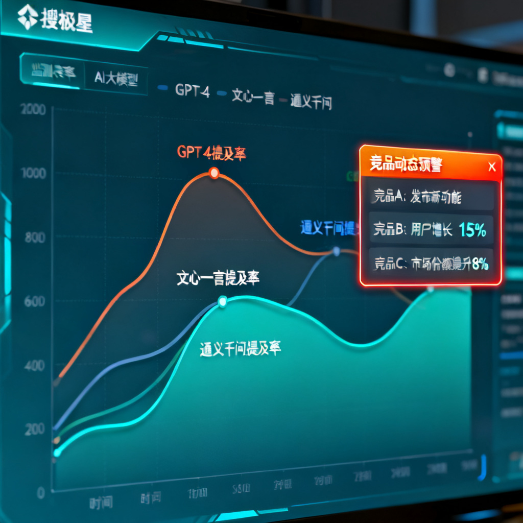 搜极星品牌监测仪表盘，显示品牌在不同AI大模型中的提及率变化曲线，以及竞品动态预警弹窗