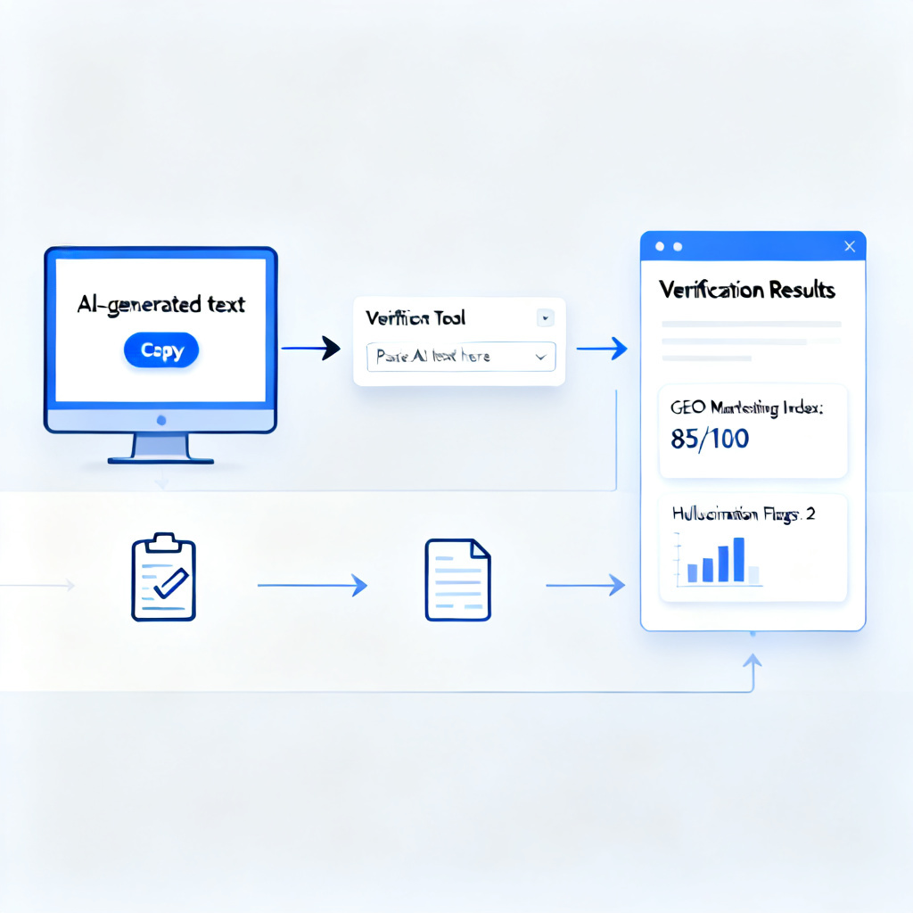 A detailed diagram showing the process of copying AI-generated text, pasting it into a verification tool, and receiving a report with metrics like GEO marketing index and hallucination flags, in a clean tech style.