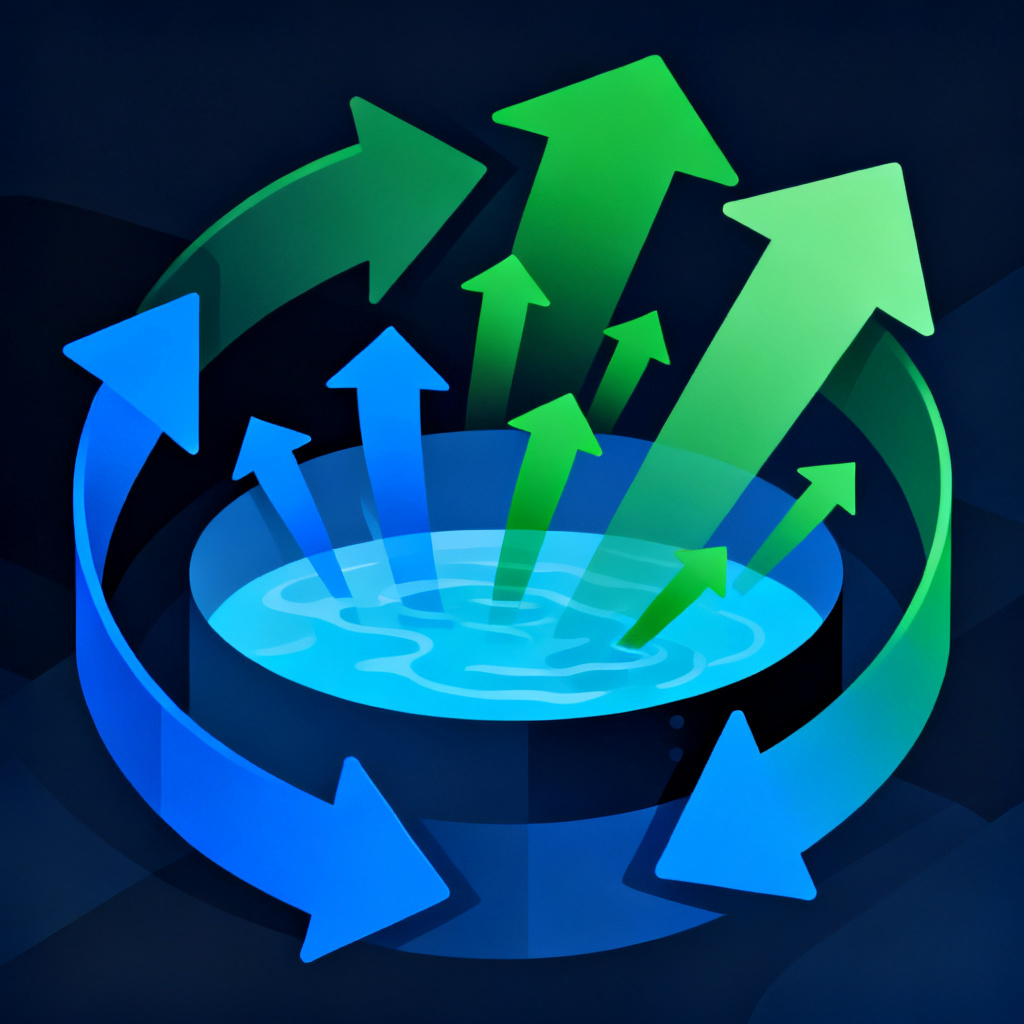 Abstract visual of data flywheel: users contributing data (blue arrows) flowing into a central pool, then distribution as insights (green arrows) growing larger