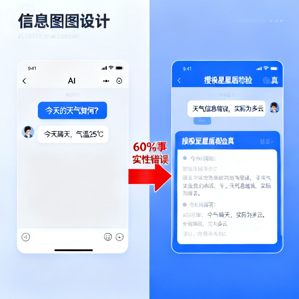 一张信息图，展示AI生成内容中60%存在事实性错误的数据对比，左侧是AI聊天界面，右侧是搜极星星盾验真界面，中间有红色警示箭头