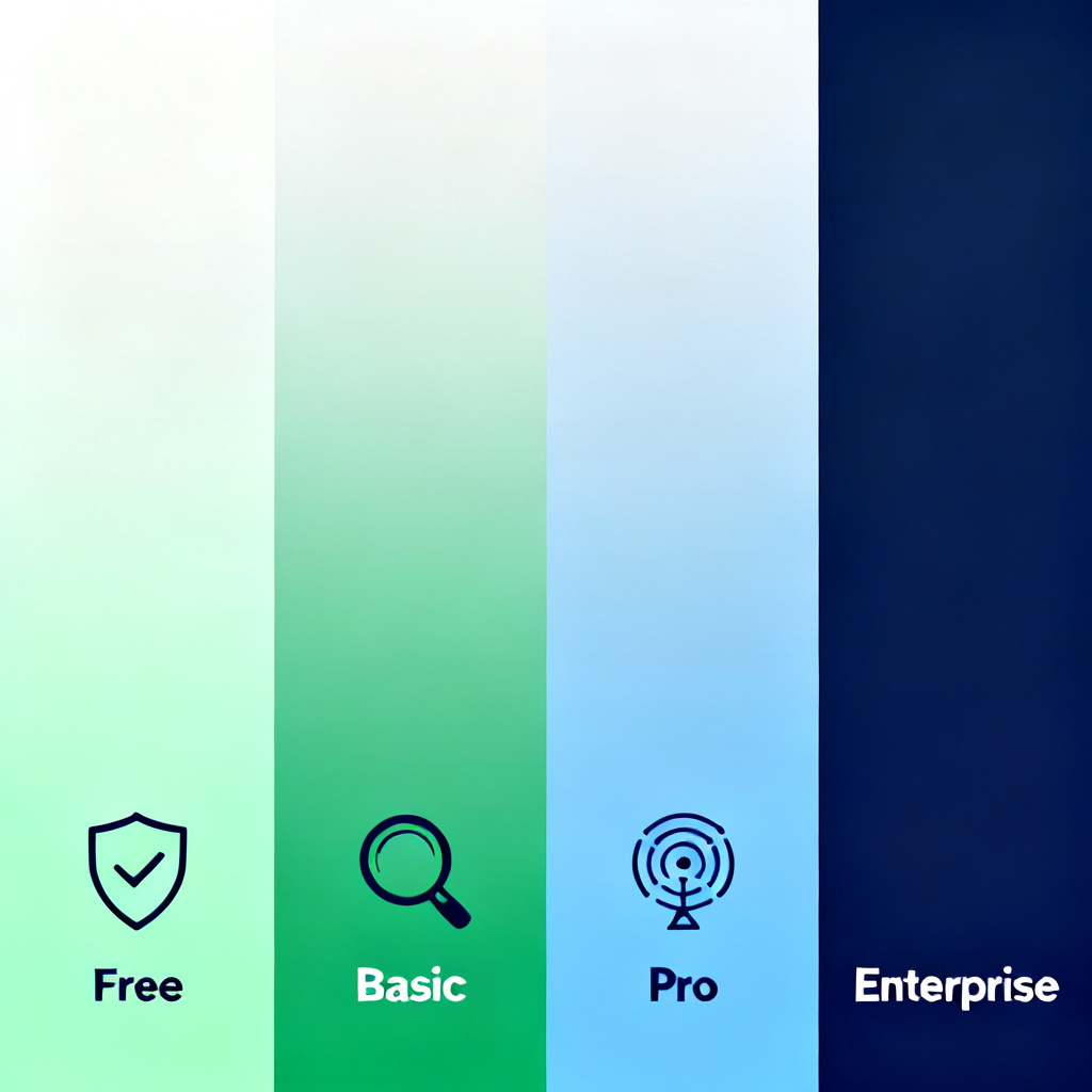 A comparison table with four columns representing different pricing tiers, each color-coded from light green (free) to dark blue (enterprise). Icons include a shield, a magnifying glass, and a radar. The background is a gradient from white to deep navy.