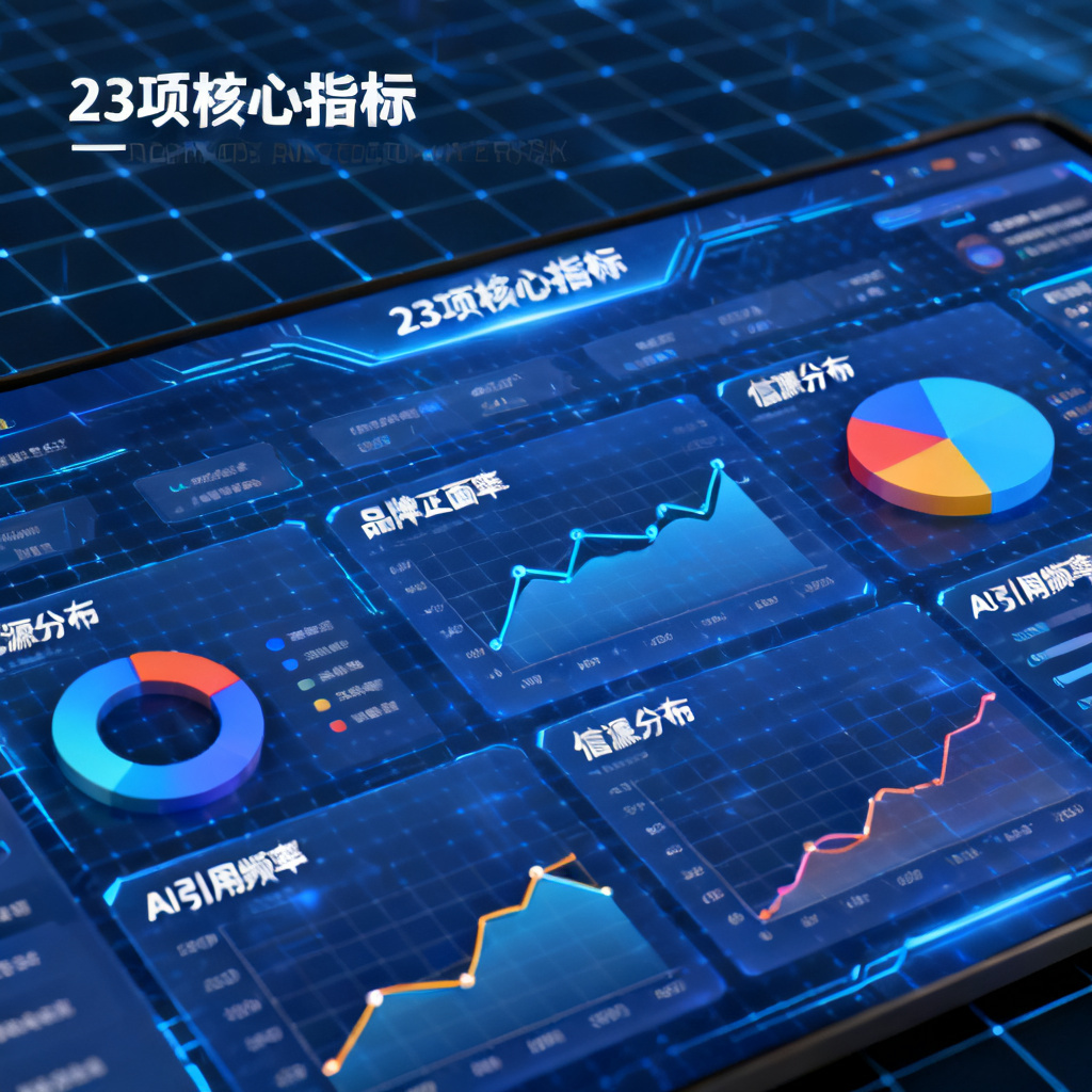 搜极星专业版报告的界面截图，显示23项核心指标的可视化图表，包括品牌正面率、信源分布、AI引用频率等，数据以折线图和饼图呈现，背景有蓝色科技感网格。