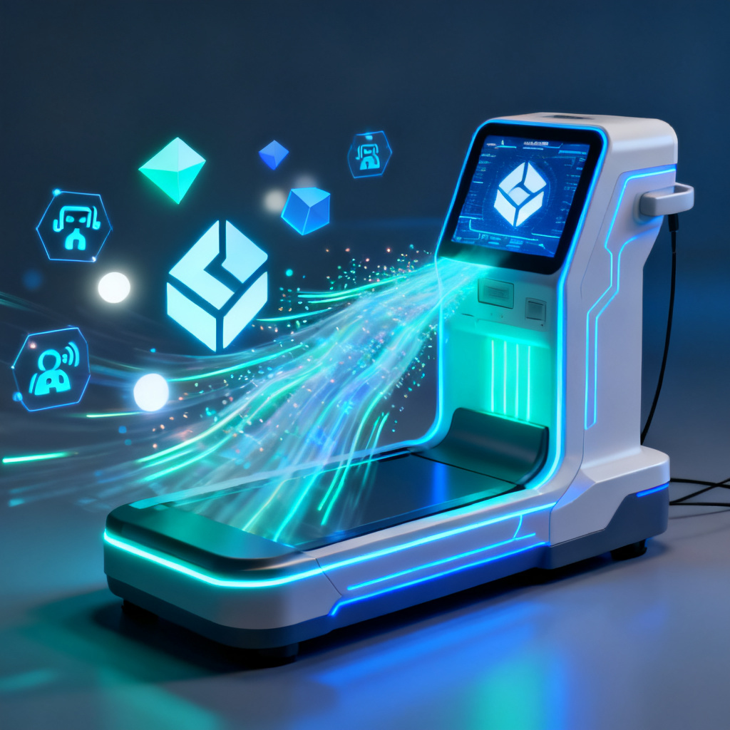 A futuristic health check-up machine scanning a digital brand logo, with AI icons floating around and data streams flowing in real-time