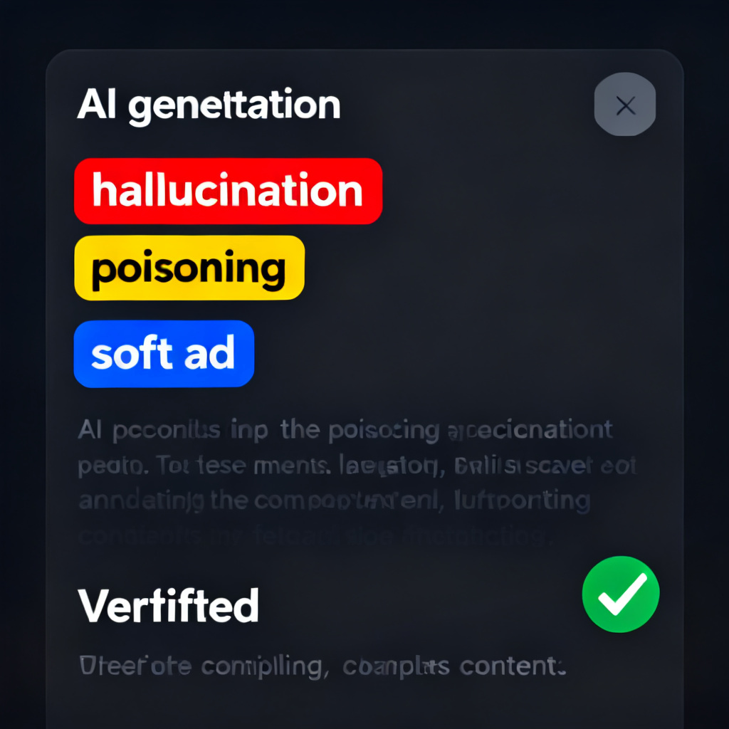 A user pastes AI-generated text into an interface, and the system highlights sections in red for "hallucination," yellow for "poisoning," and blue for "soft ad," with a green checkmark for verified content.