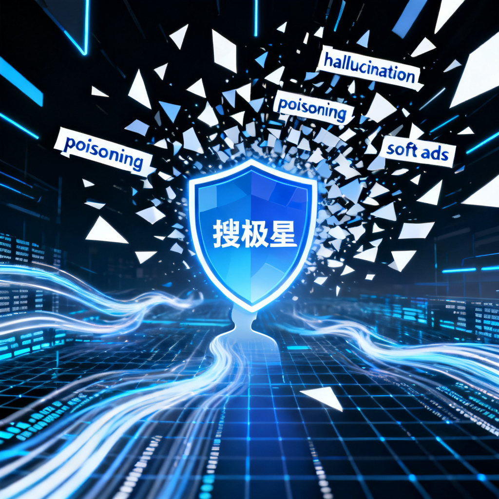 A futuristic concept art showing a shield icon labeled "搜极星" protecting a user from a swarm of AI-generated text fragments labeled "hallucination", "poisoning", and "soft ads". The background is a digital grid with data streams.