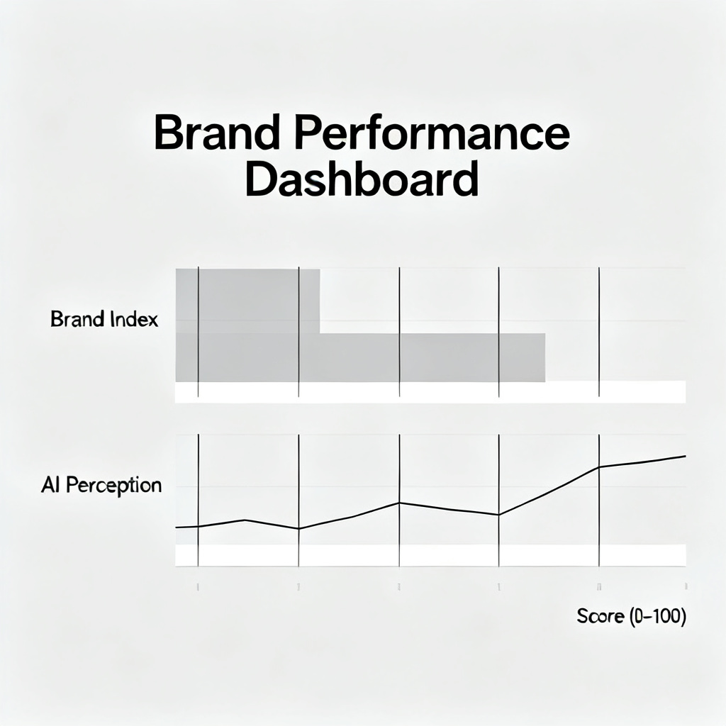 A dashboard displaying 'Brand Index' and 'AI Perception' scores for a fictional brand, with bar charts and trend lines, minimalist design