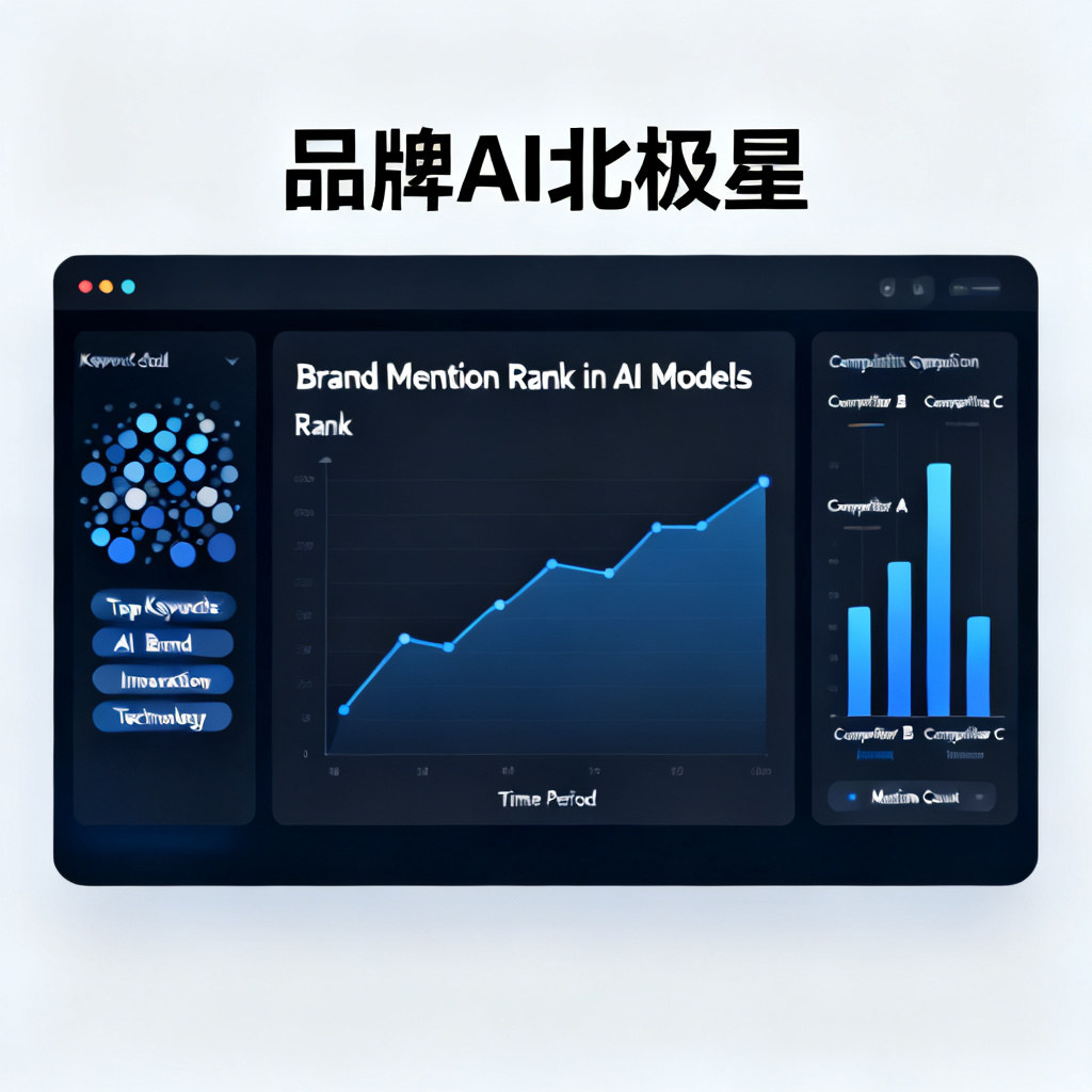 Dashboard of 品牌AI北极星 showing a line chart of brand mention rank in AI models, with keyword cloud and competitor comparison, data visualization style