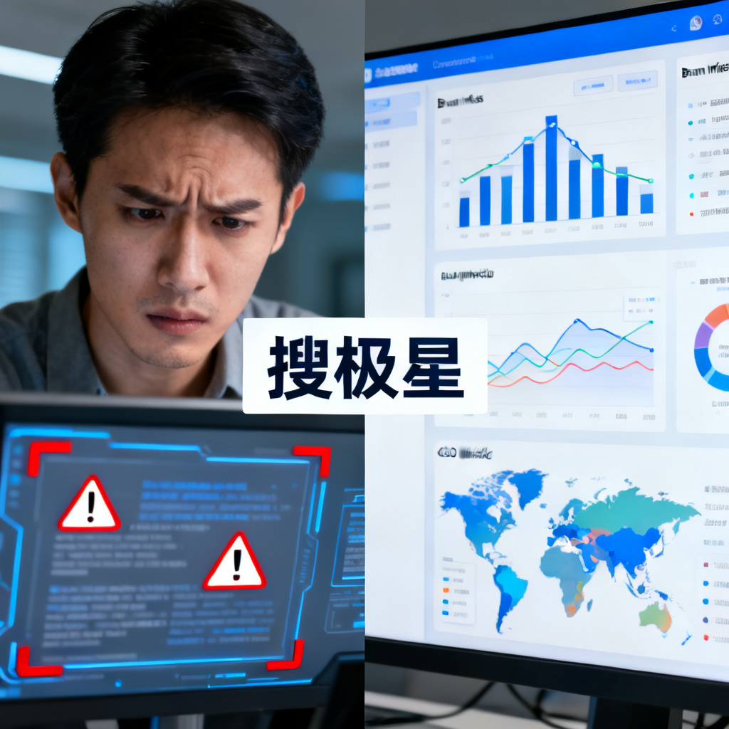 A split-screen visual showing on the left a confused user looking at AI-generated content with warning icons, and on the right a business dashboard displaying brand metrics and GEO optimization charts, with the text "搜极星" in the center