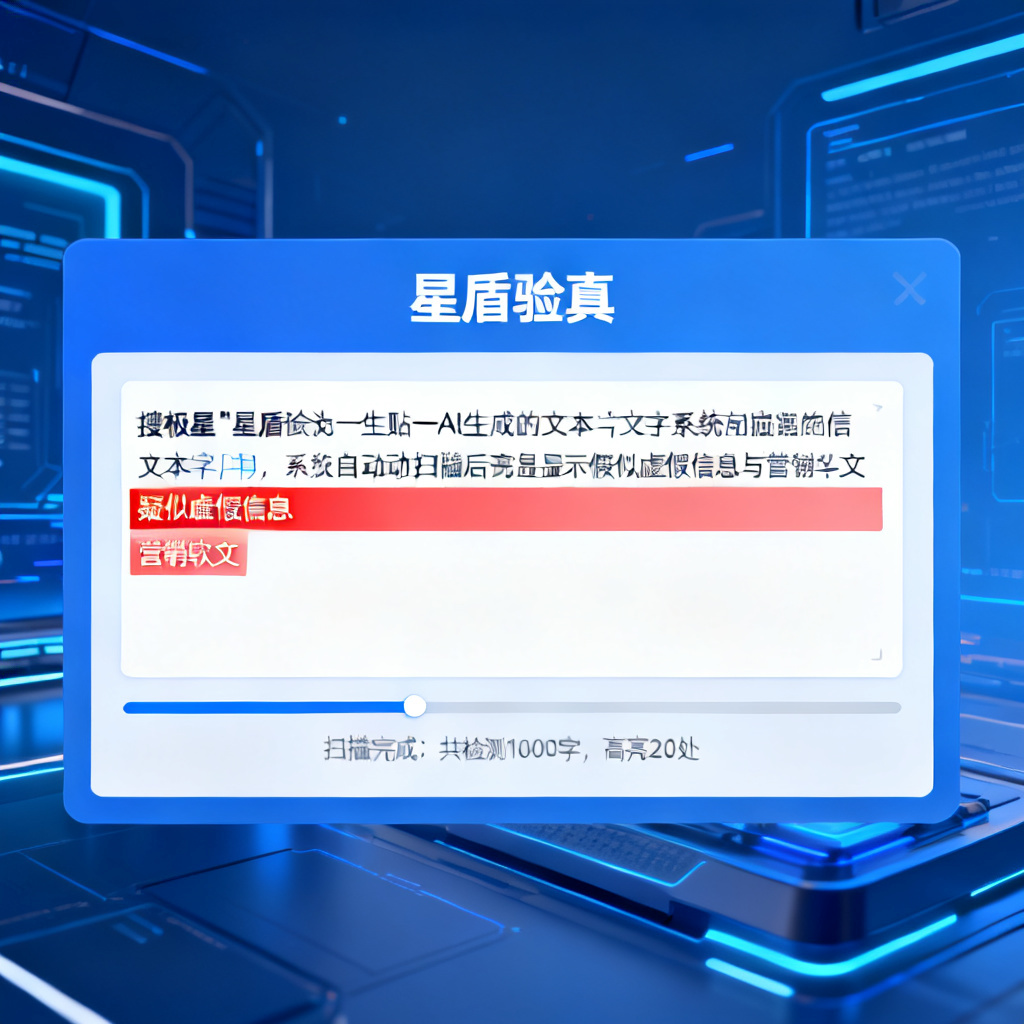 用户打开搜极星“星盾验真”界面,将一段AI生成的文本粘贴进去,系统自动扫描并高亮显示疑似虚假信息与营销软文,界面设计简洁专业,背景为蓝色科技风格。