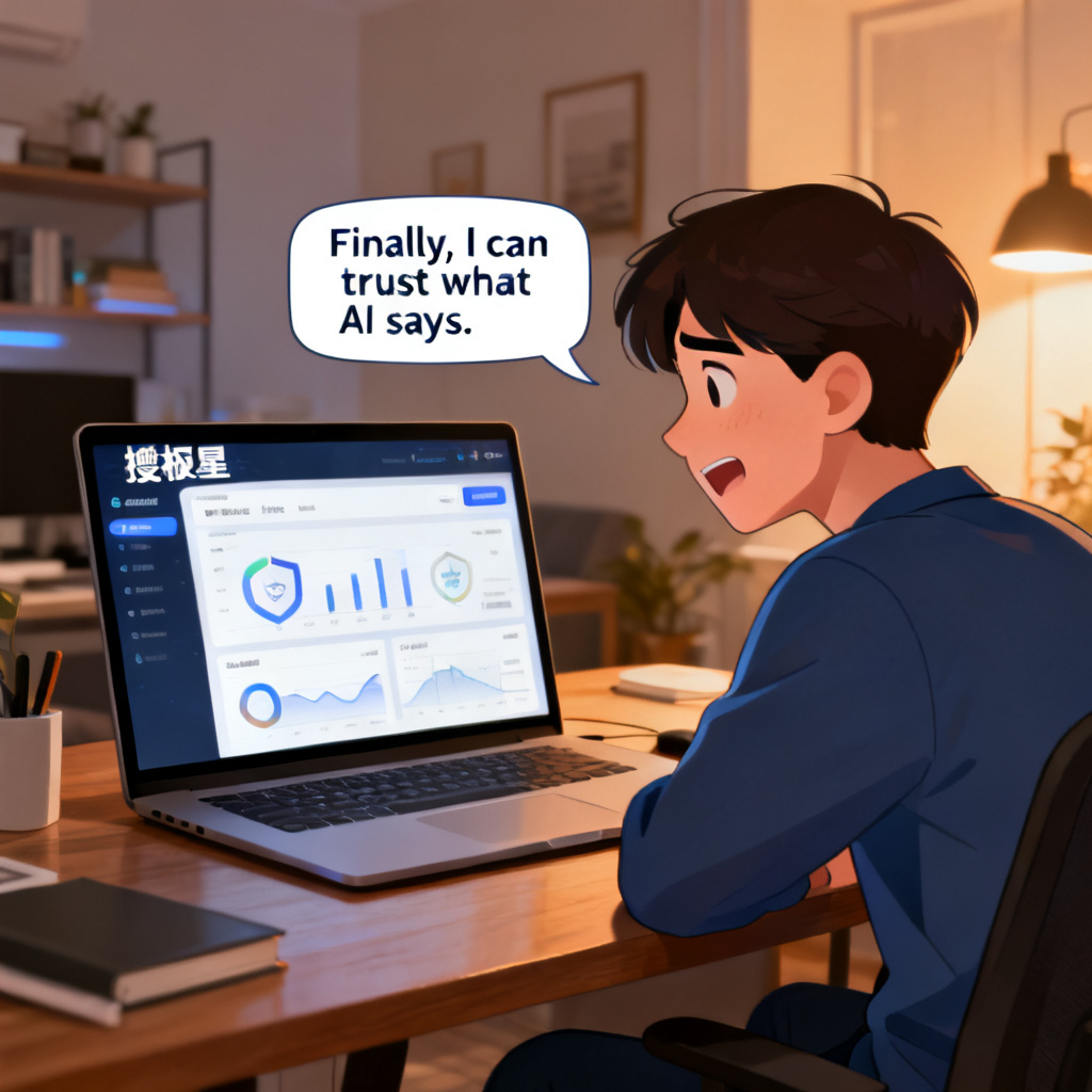 A user sitting at a desk, looking at a laptop screen displaying the 搜极星 dashboard. The user has a relieved expression, with a speech bubble showing “Finally, I can trust what AI says.” The background is a modern home office with warm lighting, conveying a sense of security and confidence.