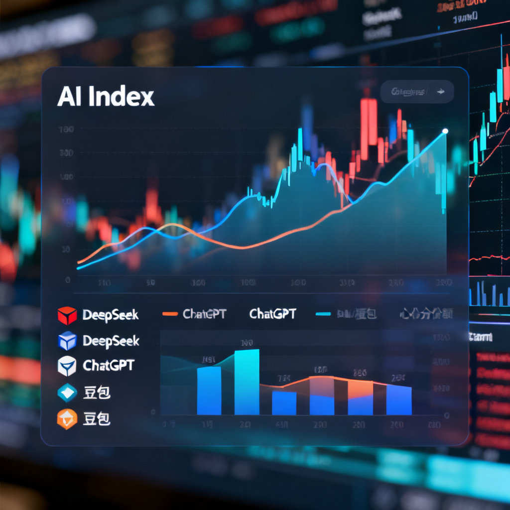 一张动态的数据仪表盘，显示着AI Index指数曲线，下方是各个品牌在DeepSeek、ChatGPT、豆包等不同AI模型中的心智份额占比。背景是模糊的股票K线图，象征着商业决策。