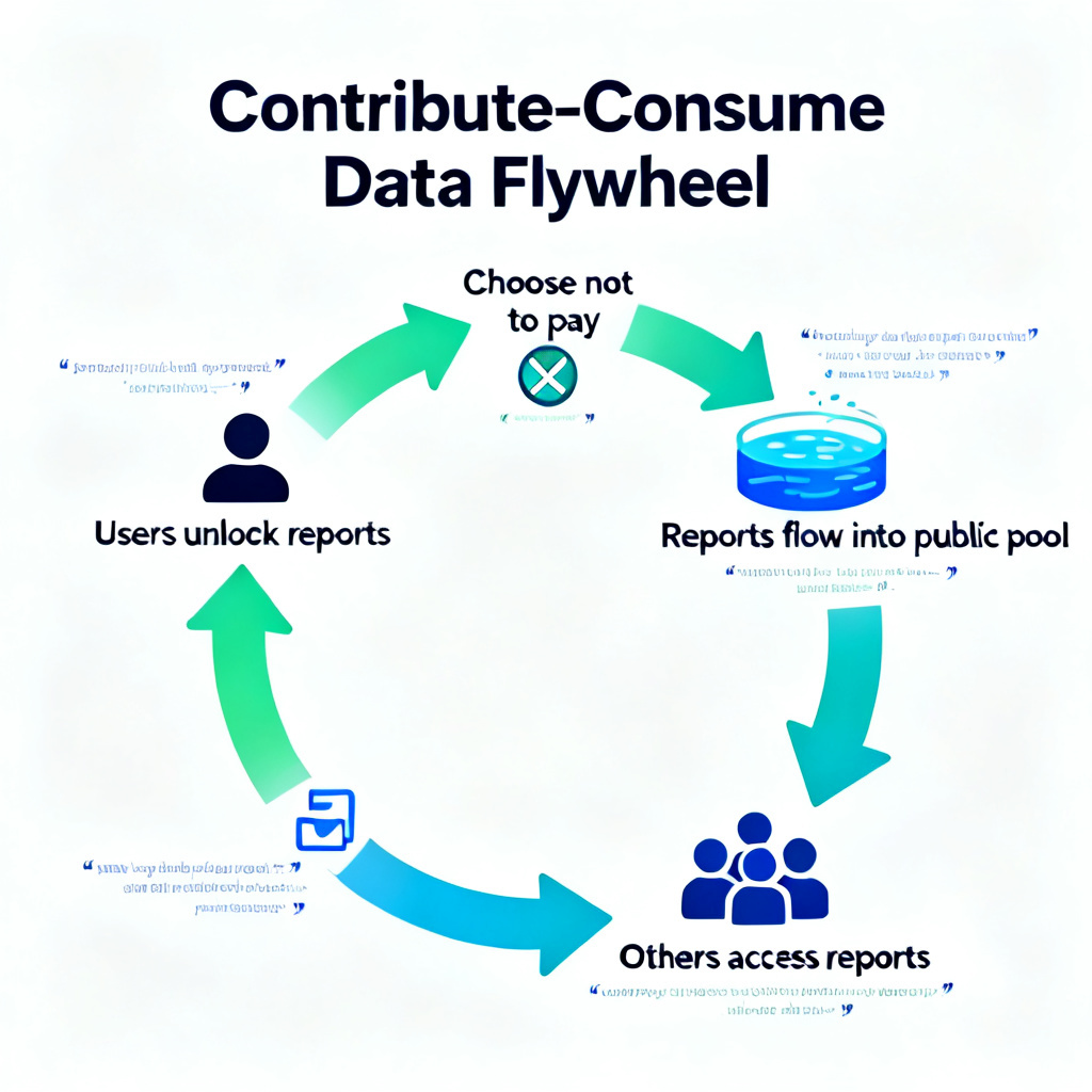A diagram illustrating the 'contribute-consume' data flywheel: users unlock reports, choose not to pay, reports flow into public pool, others access them, creating a virtuous cycle.
