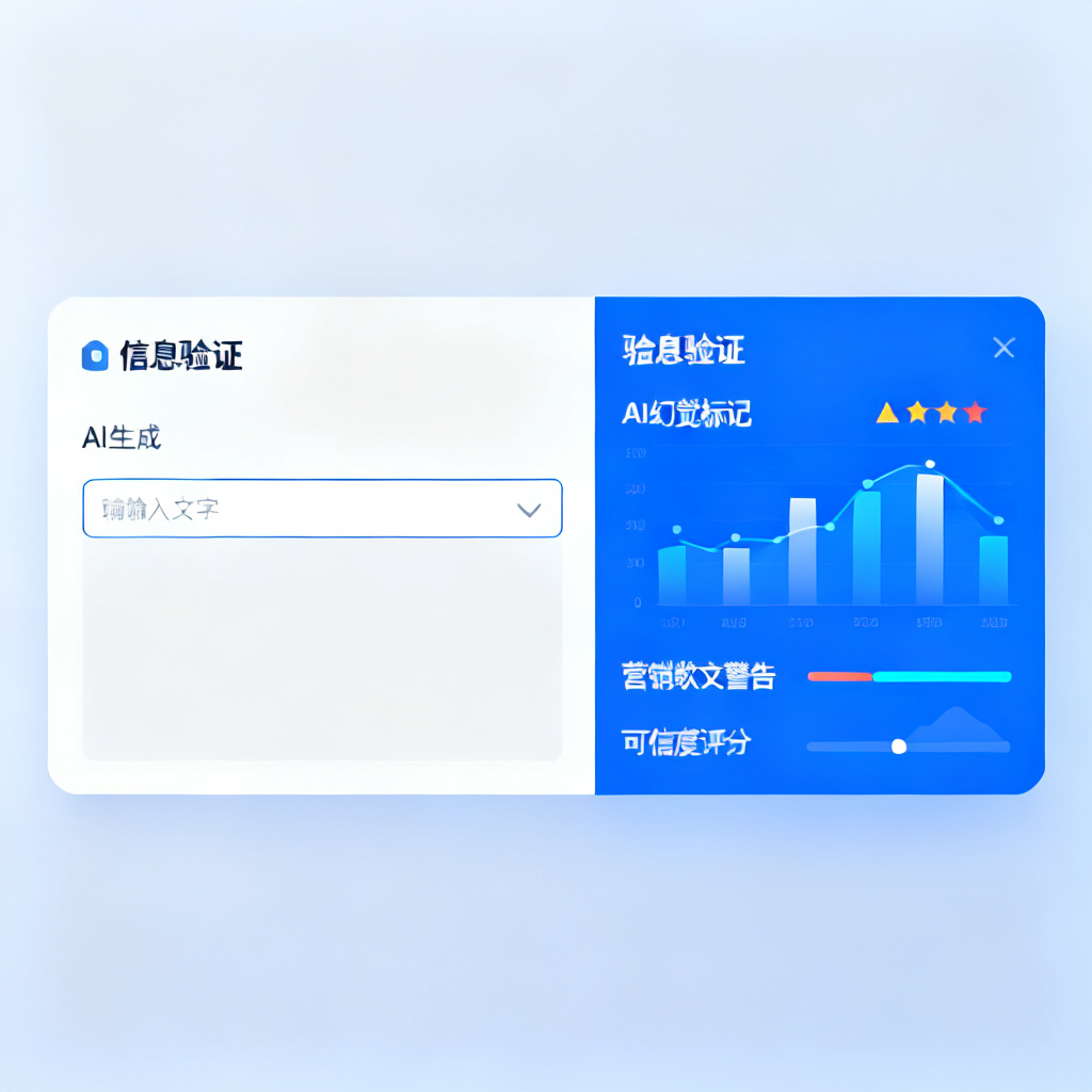 搜极星星盾验真功能界面，显示一个蓝色调的信息验证面板，左侧是AI生成文本输入框，右侧是验证结果，包括“AI幻觉标记”、“营销软文警告”和“可信度评分”，界面简洁现代，带有数据可视化图表