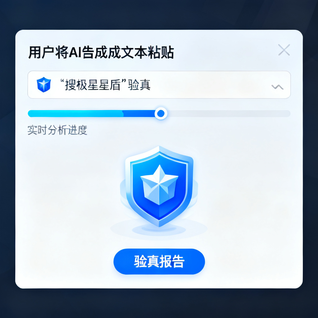 一位用户将AI生成的文本粘贴到搜极星星盾验真输入框,界面显示实时分析进度条和即将生成的验真报告图标