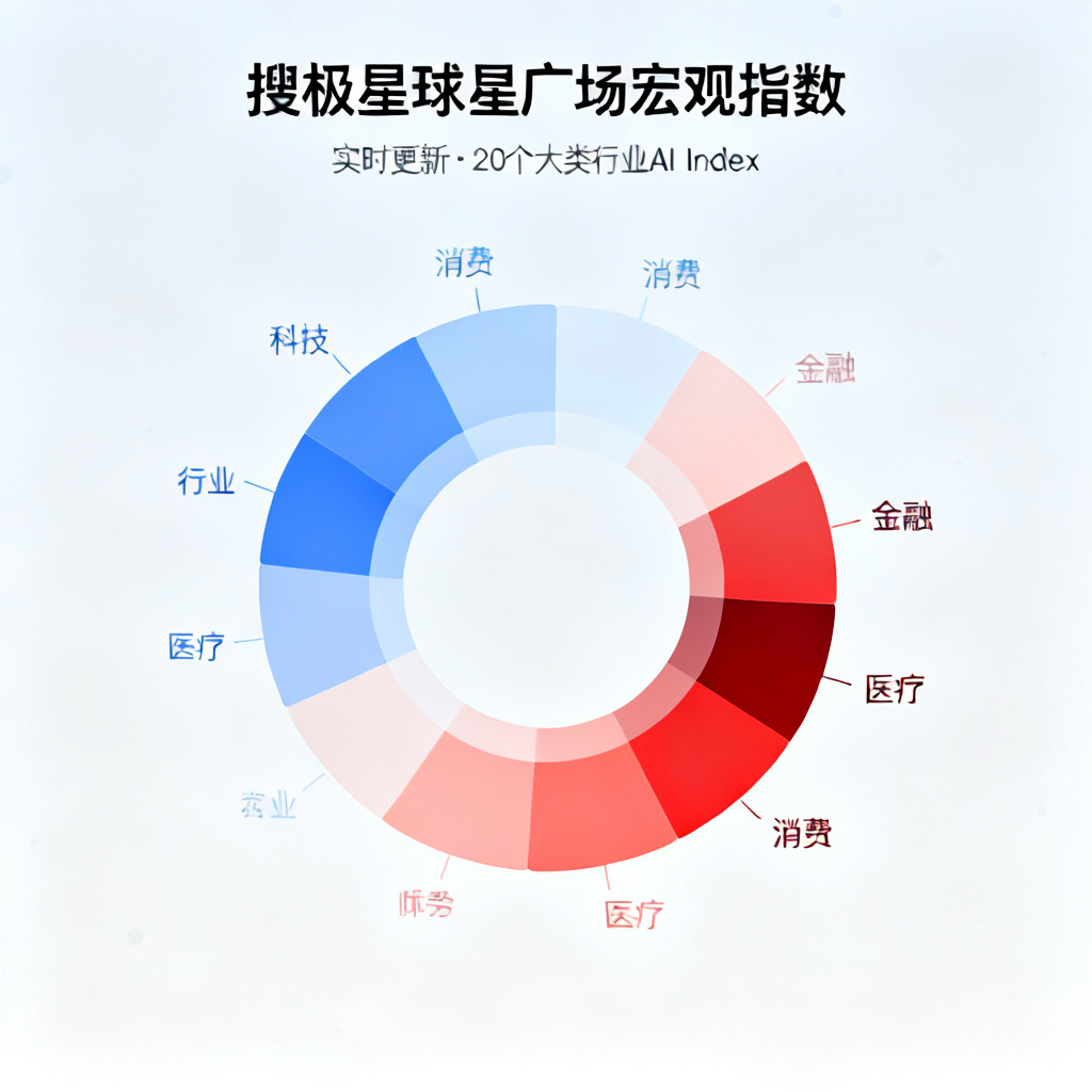 搜极星球星广场宏观指数页面，显示20个大类行业实时AI Index，数据可视化热力图