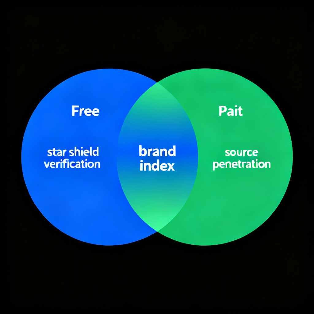 An infographic comparing free and paid features of a brand monitoring tool, with a Venn diagram showing overlapping features like 'brand index' in the center, and separate sections for 'star shield verification' (free) and 'source penetration' (paid), using corporate blue and green colors.