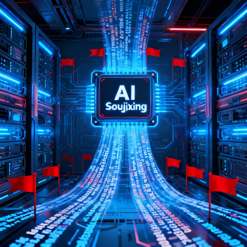 A futuristic data center with servers glowing blue, streams of text flowing into a central AI processor labeled 'Soujixing', with red flags marking false information. Digital style, high contrast, cyberpunk aesthetic.