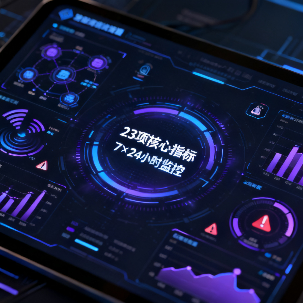 数据仪表盘概念视觉，中央显示“23项核心指标”与“7×24小时监控”文字，周围环绕信源示意图、动态图表与预警图标，深色科技风界面设计，数据可视化为蓝紫色调