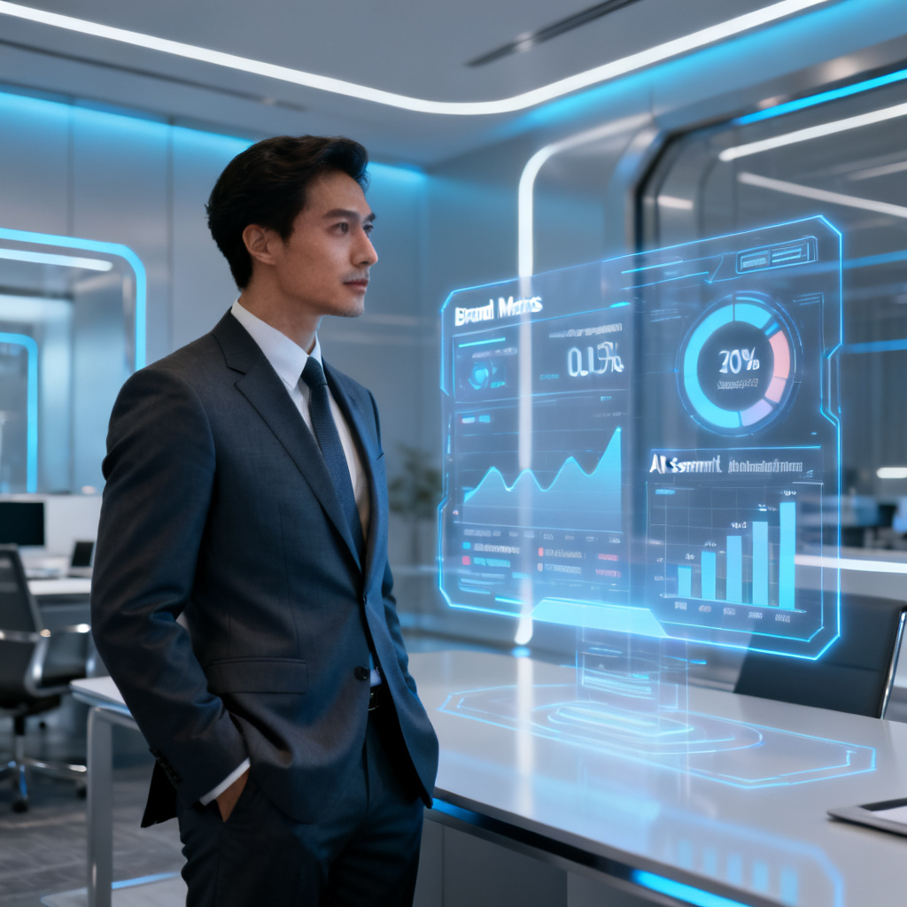 A business owner in a modern office looking at a holographic display showing brand metrics and AI sentiment analysis, futuristic, professional.