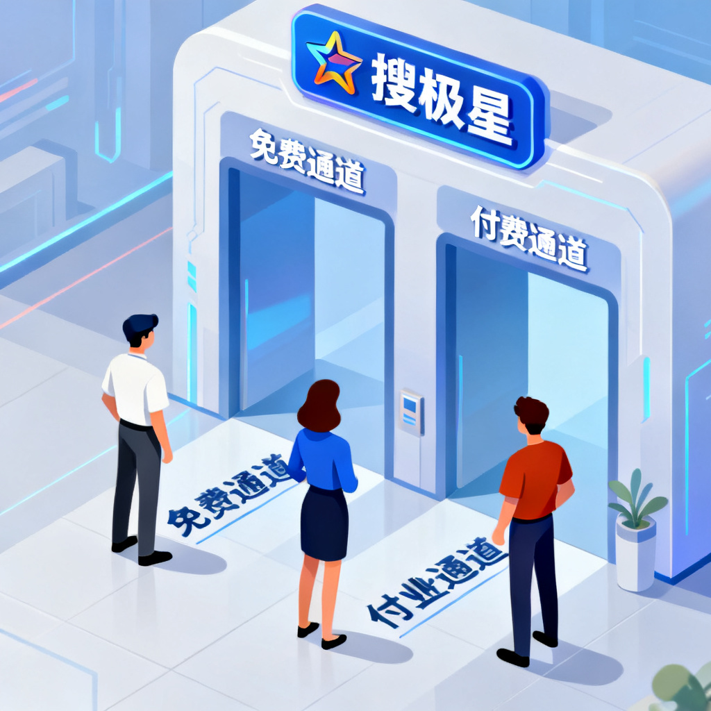不同用户角色（普通用户、创业者、企业主）站在“搜极星”入口前，选择各自对应的免费或付费通道