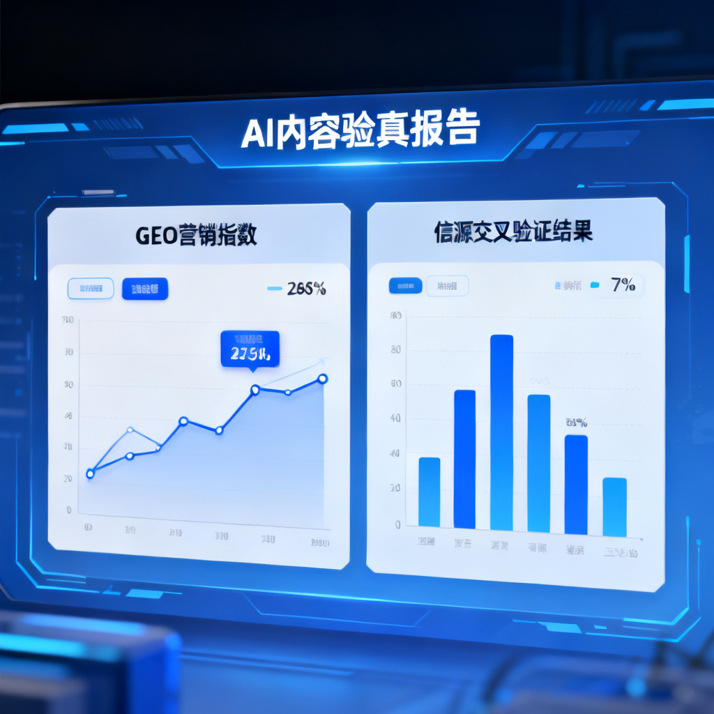 一张科技感十足的AI内容验真报告截图，显示GEO营销指数、信源交叉验证结果，界面简洁清晰，蓝色调，带数据可视化图表
