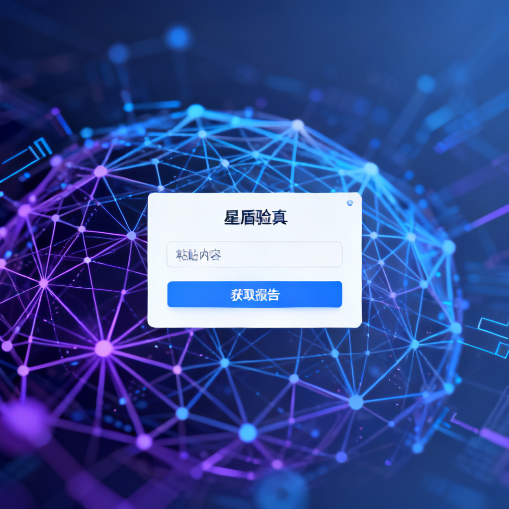 搜极星官网首页的星盾验真输入框界面，背景为抽象的AI神经网络图形，突出“粘贴内容-获取报告”的简洁流程