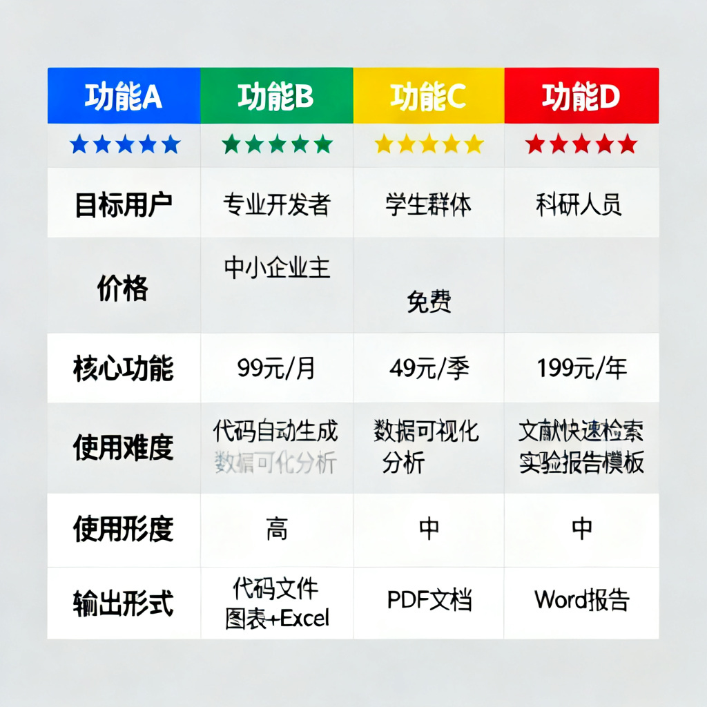 一张对比表格,列出搜极星四大功能在目标用户、价格、核心功能、使用难度和输出形式上的差异,每个功能旁边有星级评分