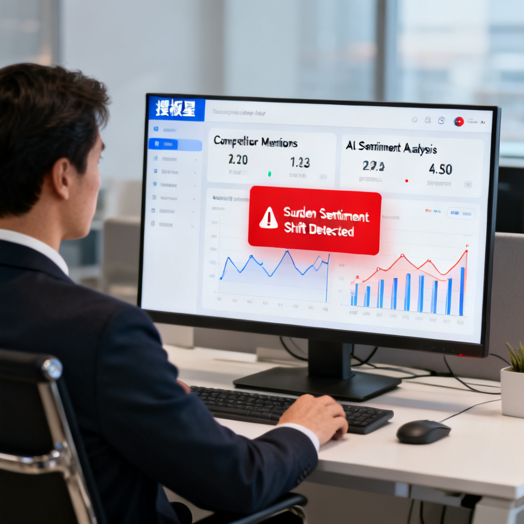 A business analyst using 搜极星's dynamic analysis dashboard to monitor competitor mentions and AI sentiment in real-time, with alerts for sudden changes
