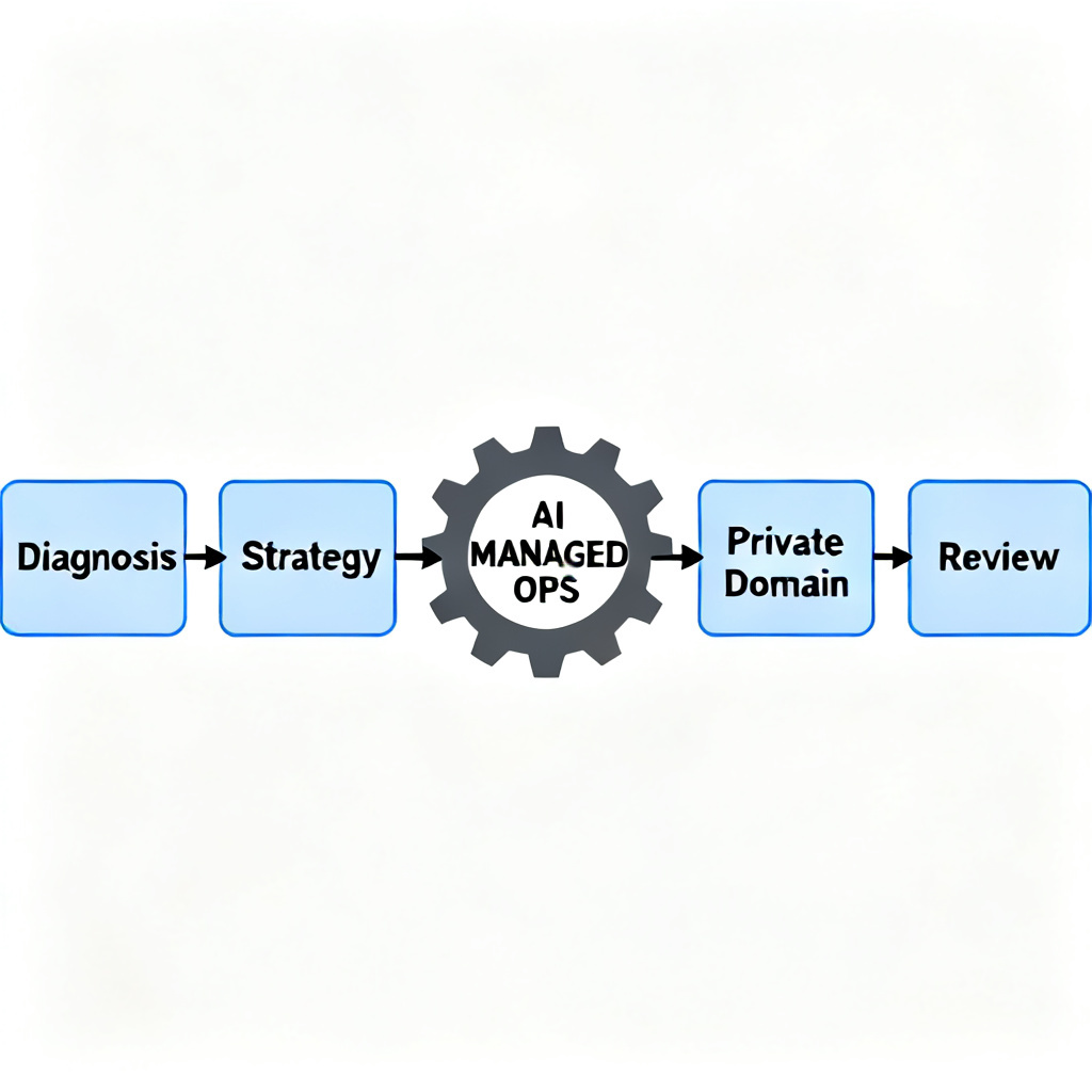 A flowchart showing 8 steps of managed operations: diagnosis, strategy, content creation, private domain, review. Each step is connected by arrows, with a central gear icon labeled 'AI MANAGED OPS'.