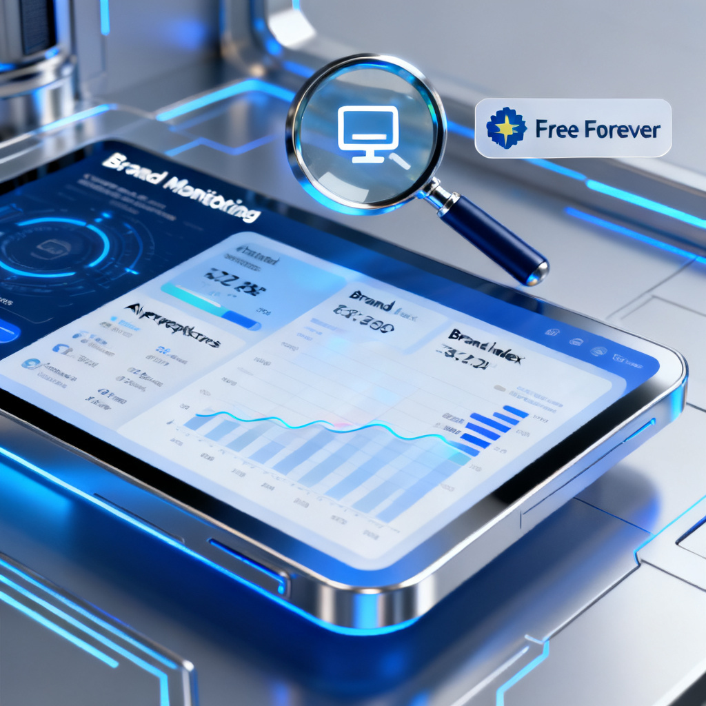 A sleek, futuristic interface of a brand monitoring dashboard showing real-time AI perception scores and brand index, with a magnifying glass icon highlighting 'Free Forever' badge