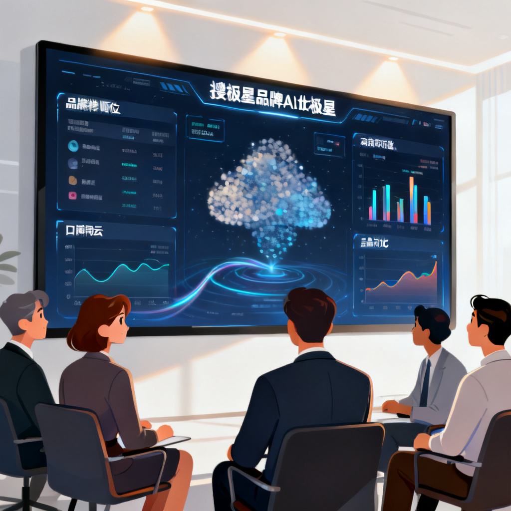 一个企业团队围坐在一个大屏幕前，屏幕上显示搜极星品牌AI北极星的动态仪表盘，展示品牌推荐顺位、口碑词云和竞品对比图表。