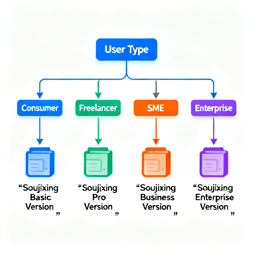 A decision tree flowchart showing different user types (consumer, freelancer, SME, enterprise) and their recommended versions of Soujixing, with arrows leading to specific product packages