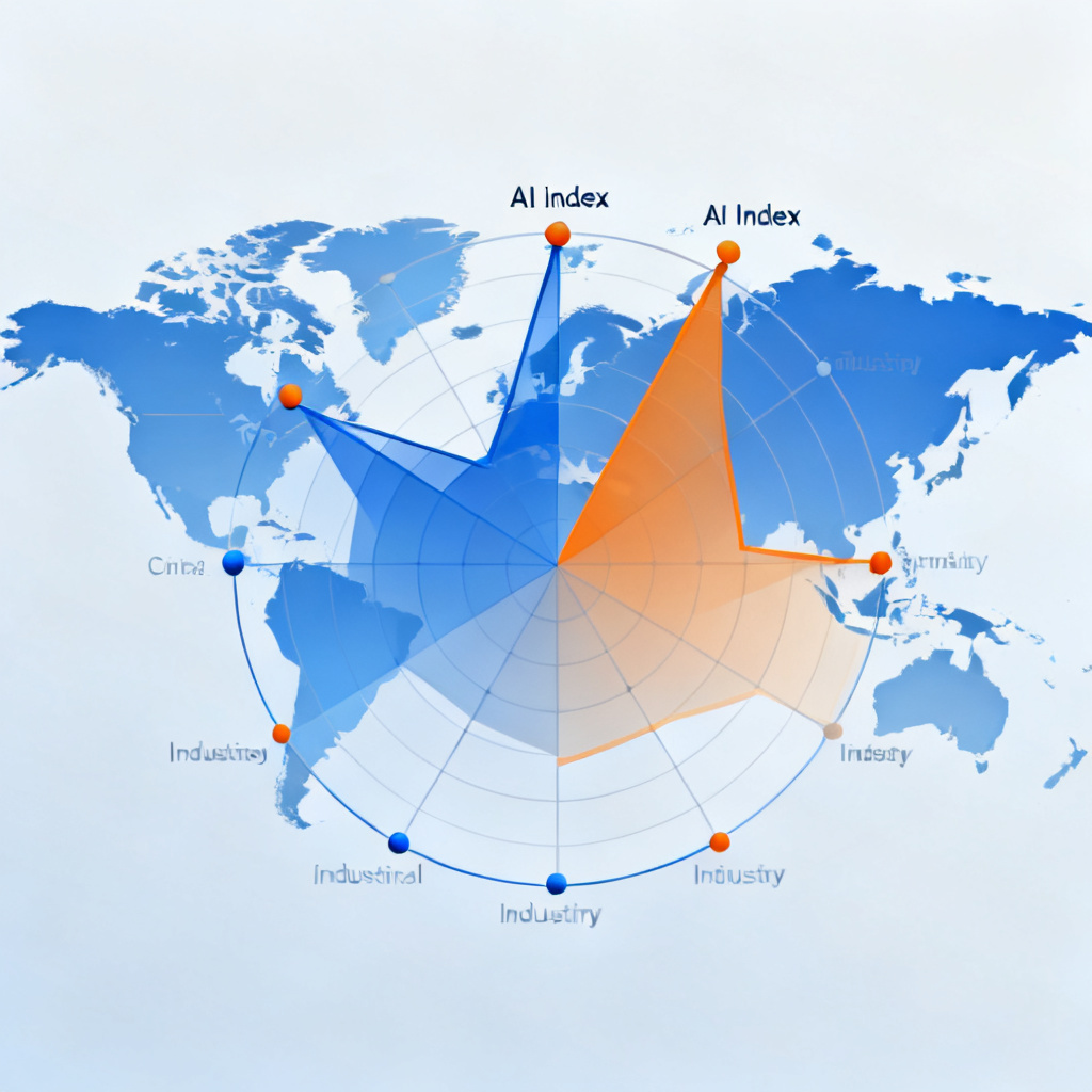 A radar chart overlaying a world map, with trends and indices like 'AI Index' rising above industries