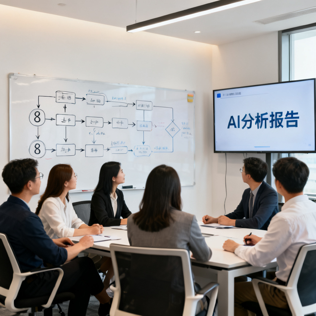 一支营销团队在会议室中讨论增长策略，白板上画有8步流程图，旁边大屏显示AI分析报告，大家专注看着屏幕，现代办公环境，商业摄影风格