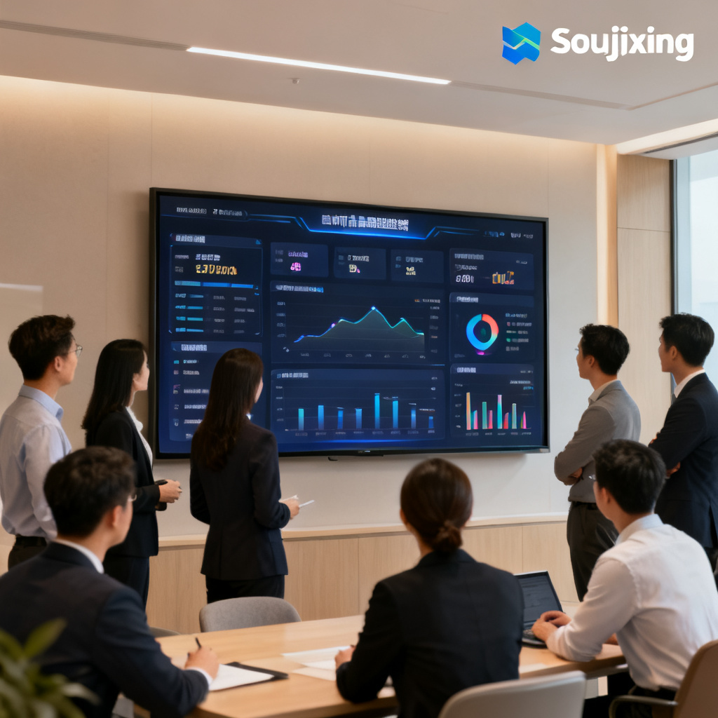 A business team using a large screen dashboard showing real-time brand monitoring metrics, with a logo 'Soujixing' in the corner. Corporate style, realistic rendering.