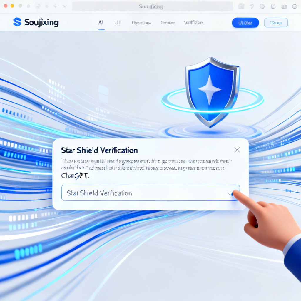 A user interface showing a user copying an AI-generated response from ChatGPT and pasting it into the "Star Shield Verification" input box on the Soujixing website. Background features flowing data streams and a shield icon, representing real-time content verification.